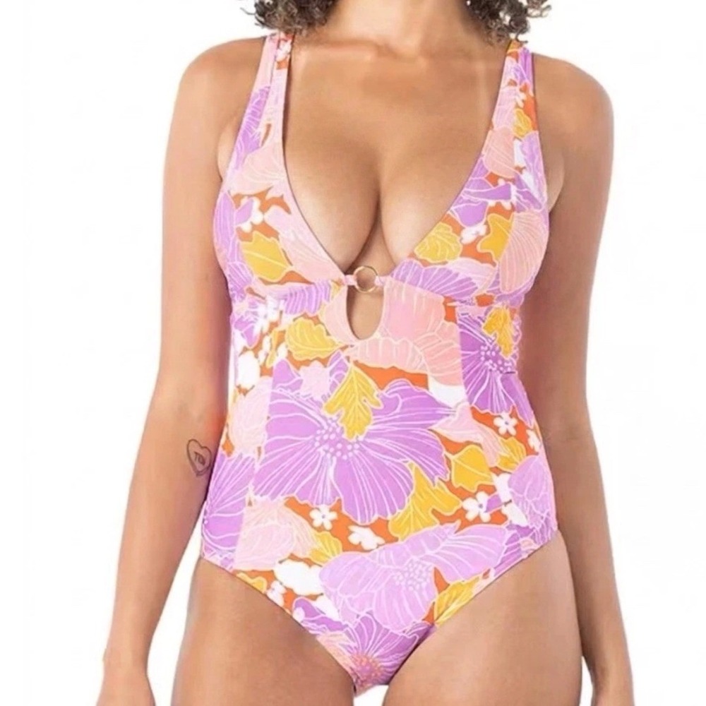 Roxy One Piece Swimsuit Women M Purple Orange Floral V-Neck Ring $100